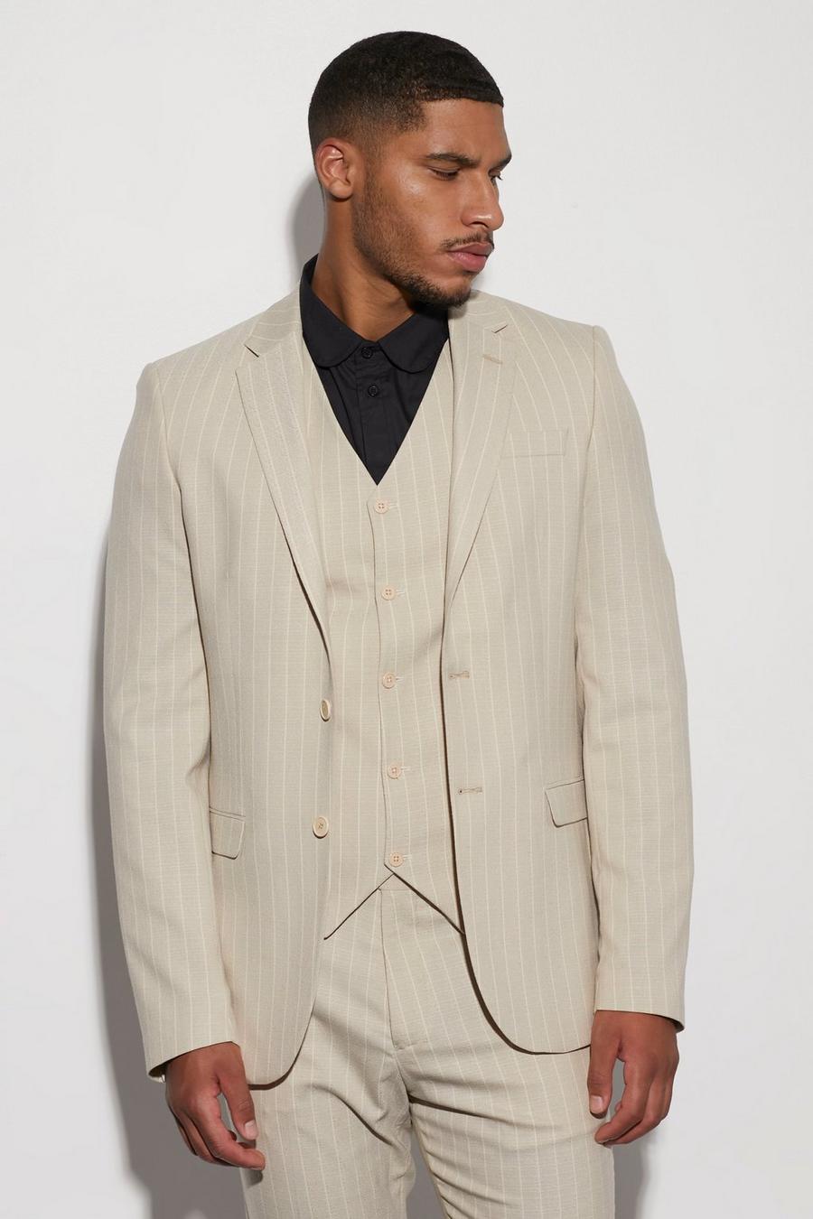 Beige Tall Single Breasted Slim Stripe Suit