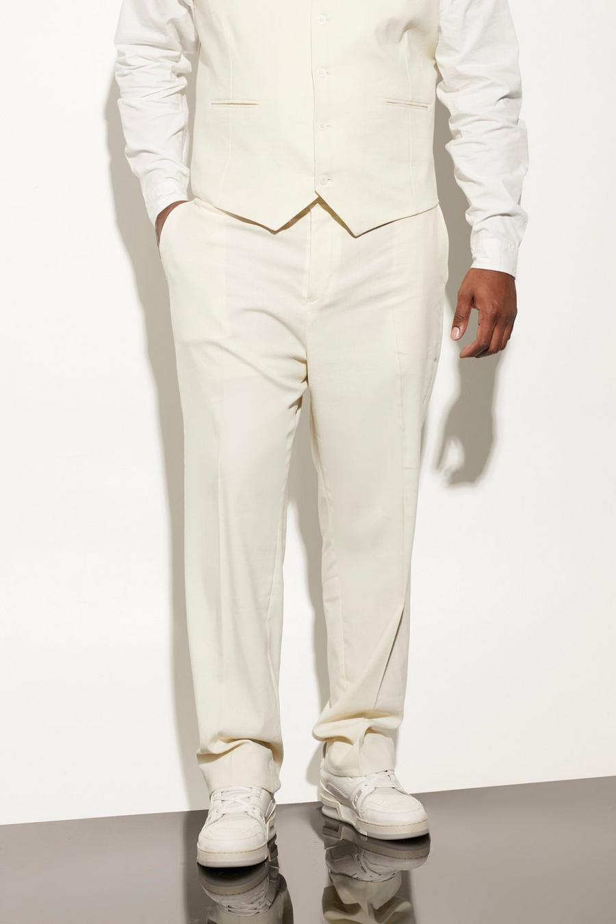 שמנת white מכנסי חליפה מפשתן בגזרה צרה, מידות גדולות image number 1