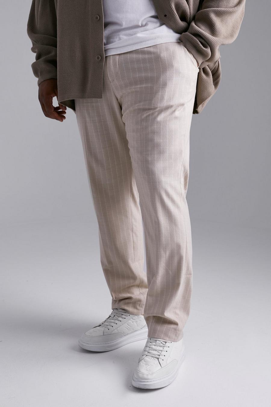 Plus strukturierte gestreifte Slim-Fit Anzughose, Beige image number 1