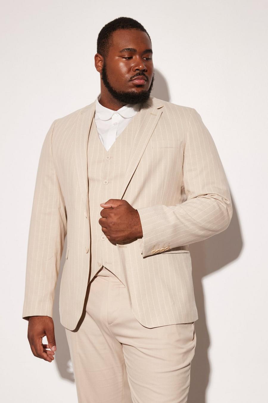 Beige Plus Single Breasted Slim Stripe Suit Jacket