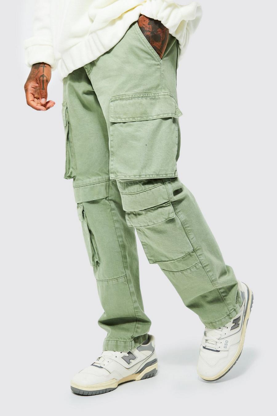 Sage green Relaxed Fit Washed Multi Pocket Cargo Jeans image number 1