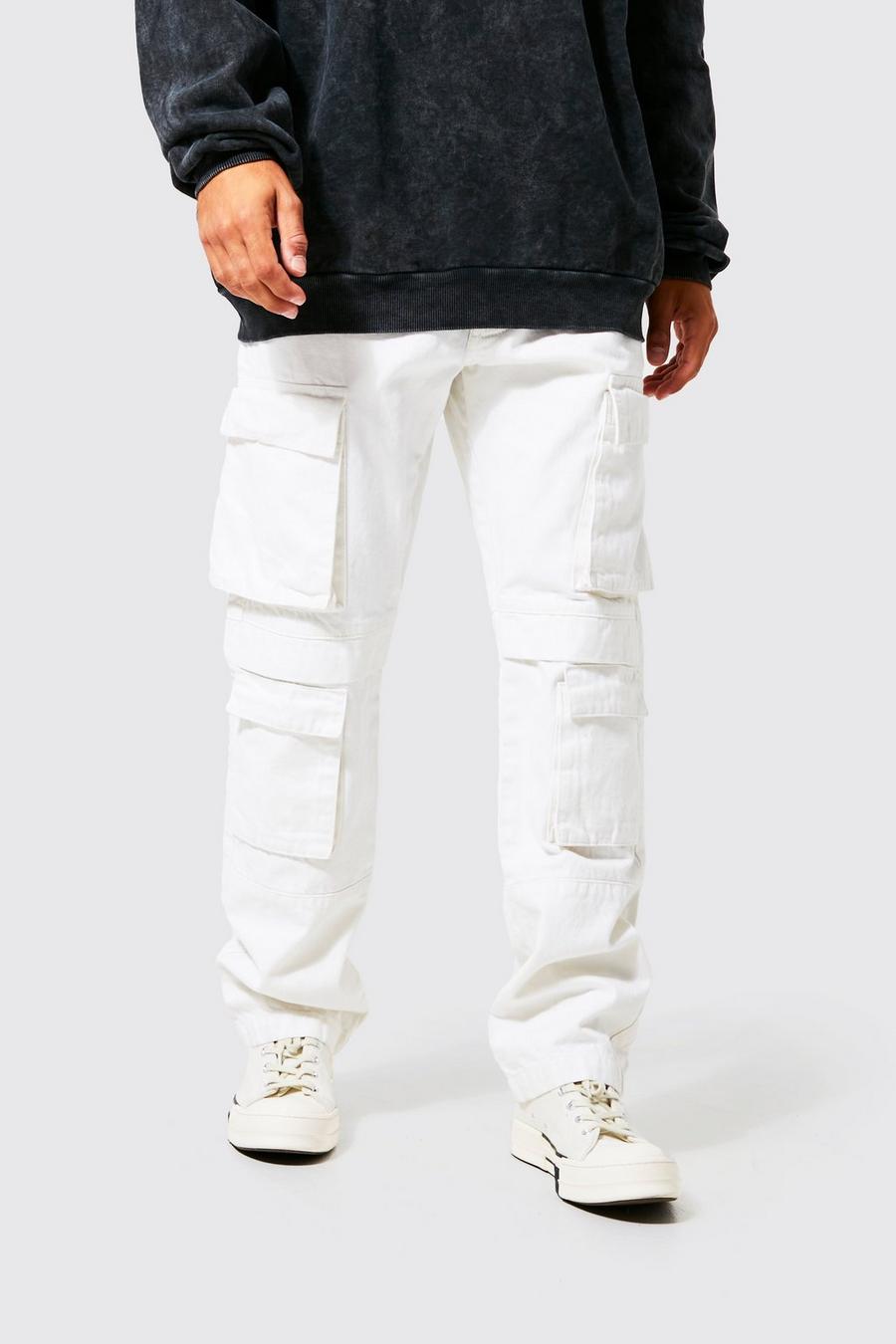 Ecru Relaxed Fit Washed Multi Pocket Cargo Jeans image number 1