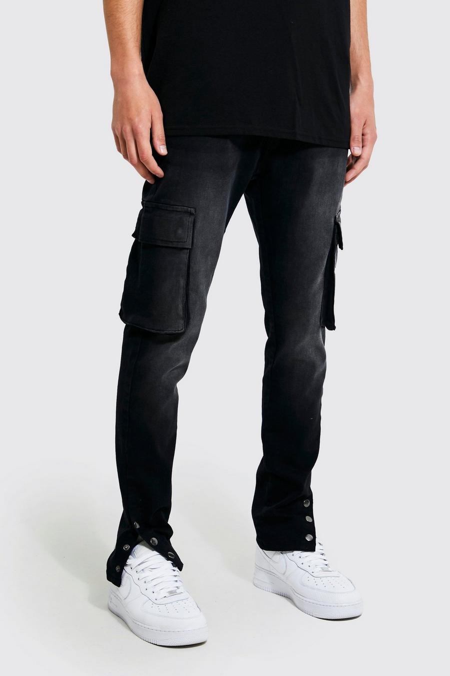 Washed black Skinny Stretch Pocket Popper Hem Cargo Jeans image number 1