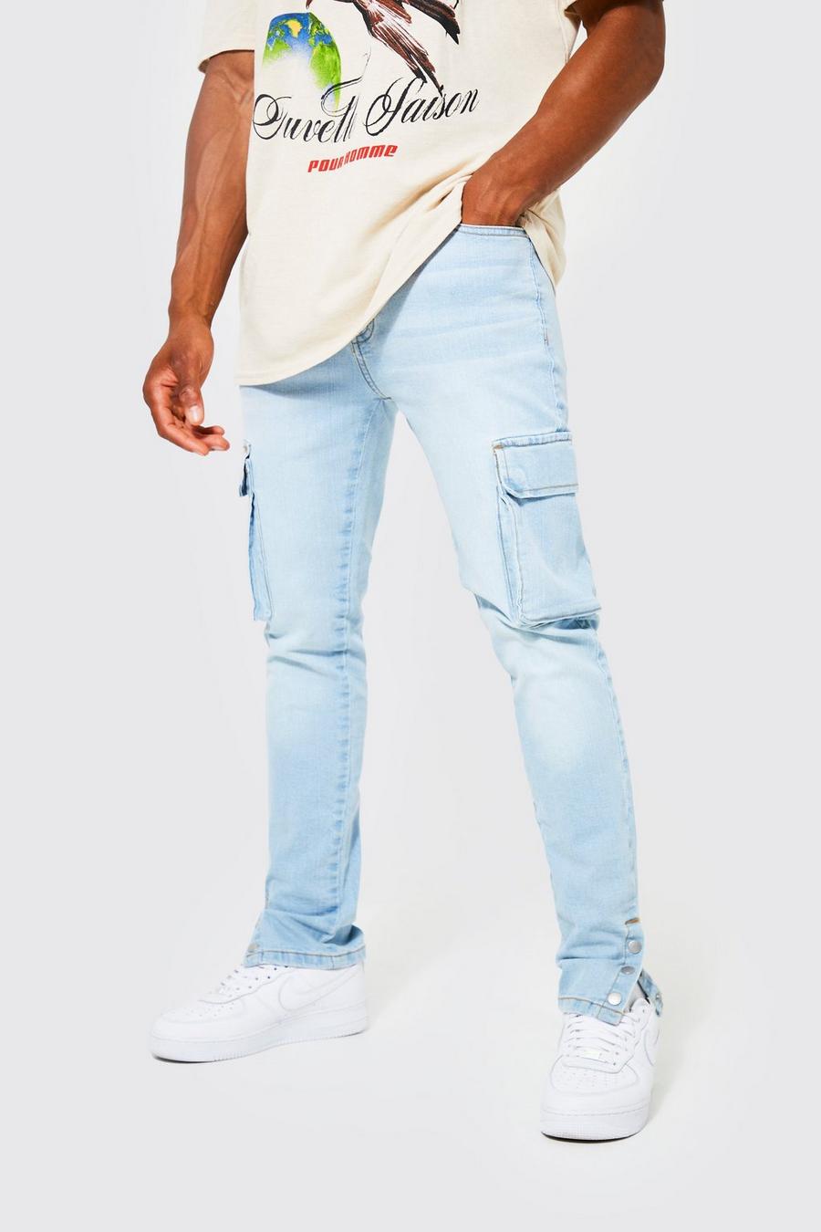 Jeans Cargo Skinny Fit Stretch con tasche e bottoni a pressione sul fondo, Ice blue