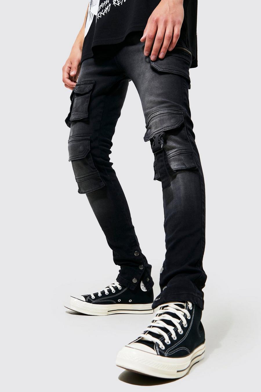 Super Skinny Cargo-Jeans mit 3D-Taschen, Washed black