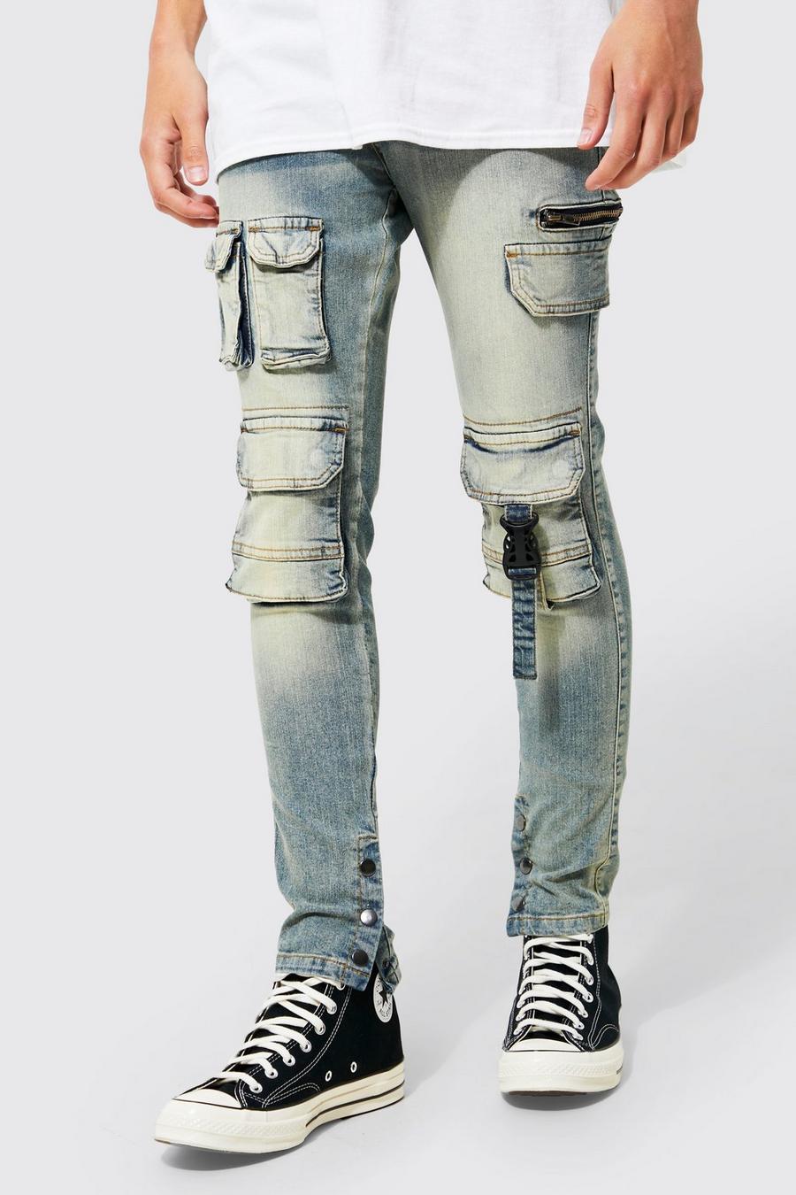 Antique blue Super Skinny Fit Cargo Jeans Met 3D Zakken image number 1