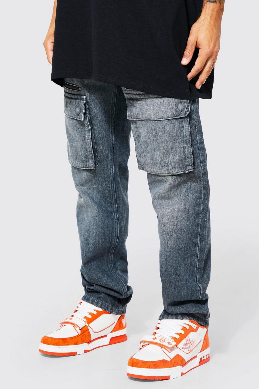 Jeans rilassati con tasche Cargo frontali e zip, Mid grey grigio