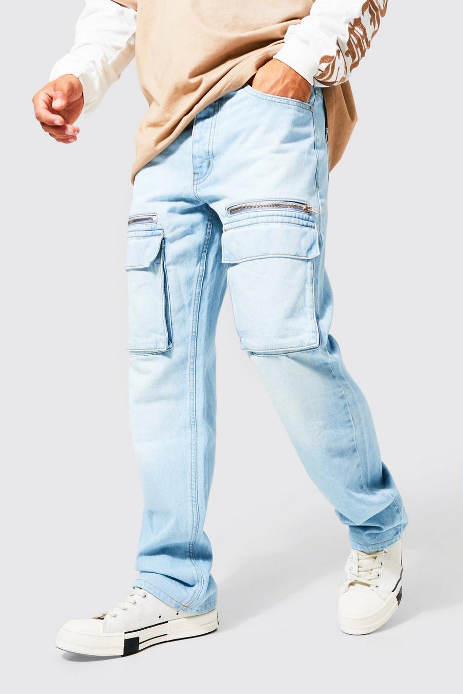 Ice blue Relaxed Fit Front Pocket Zip Cargo Jeans image number 1