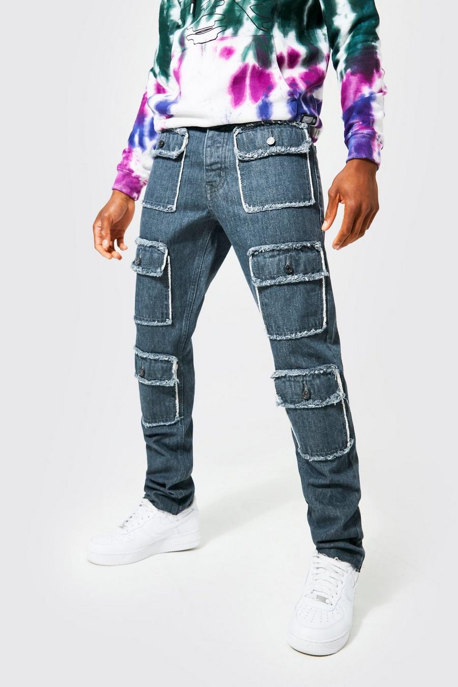 Mid grey grå Slitna jeans i slim fit med cargofickor image number 1
