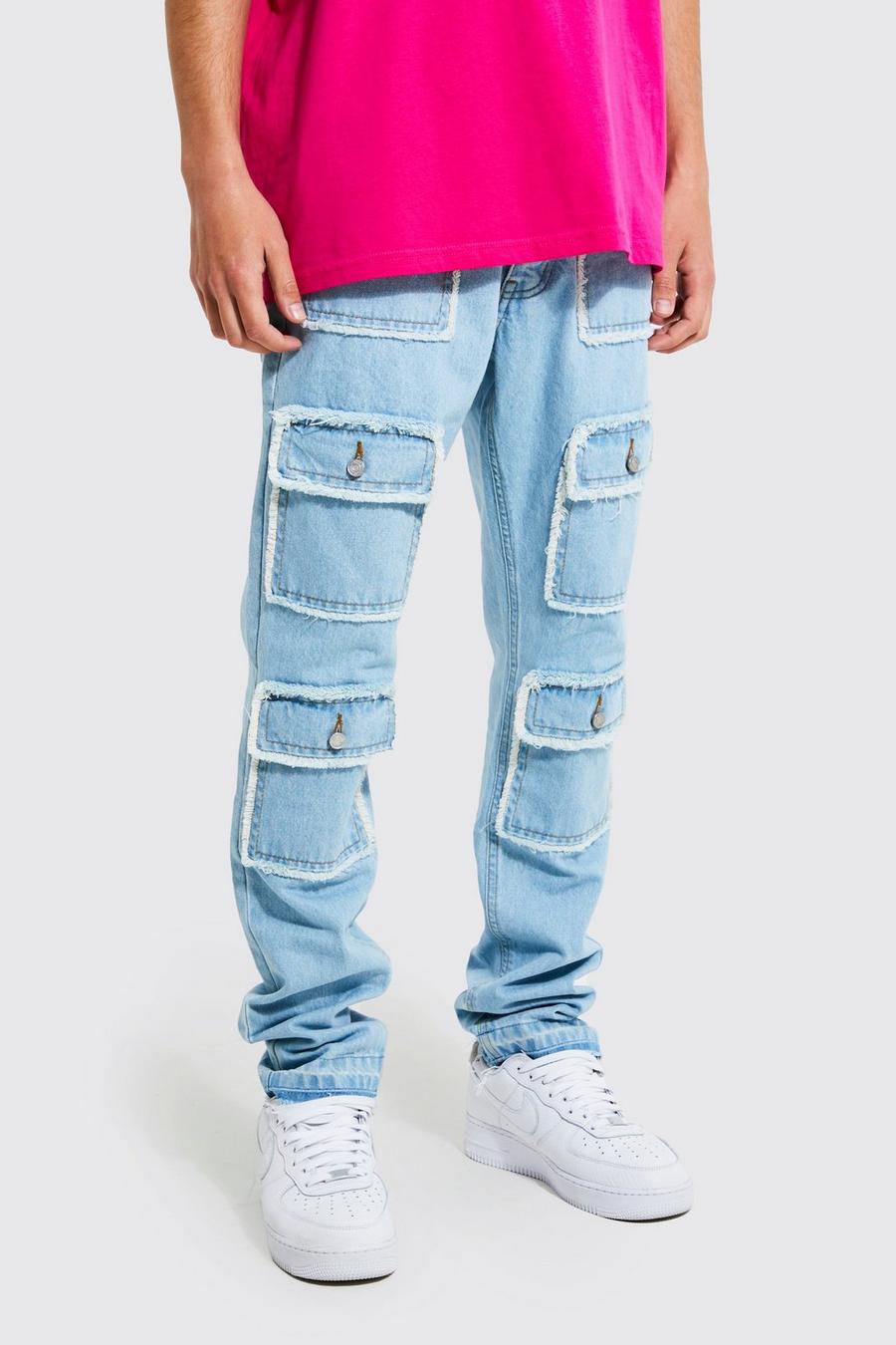 Ice blue Slim Fit Distressed Multi Pocket Cargo Jeans image number 1