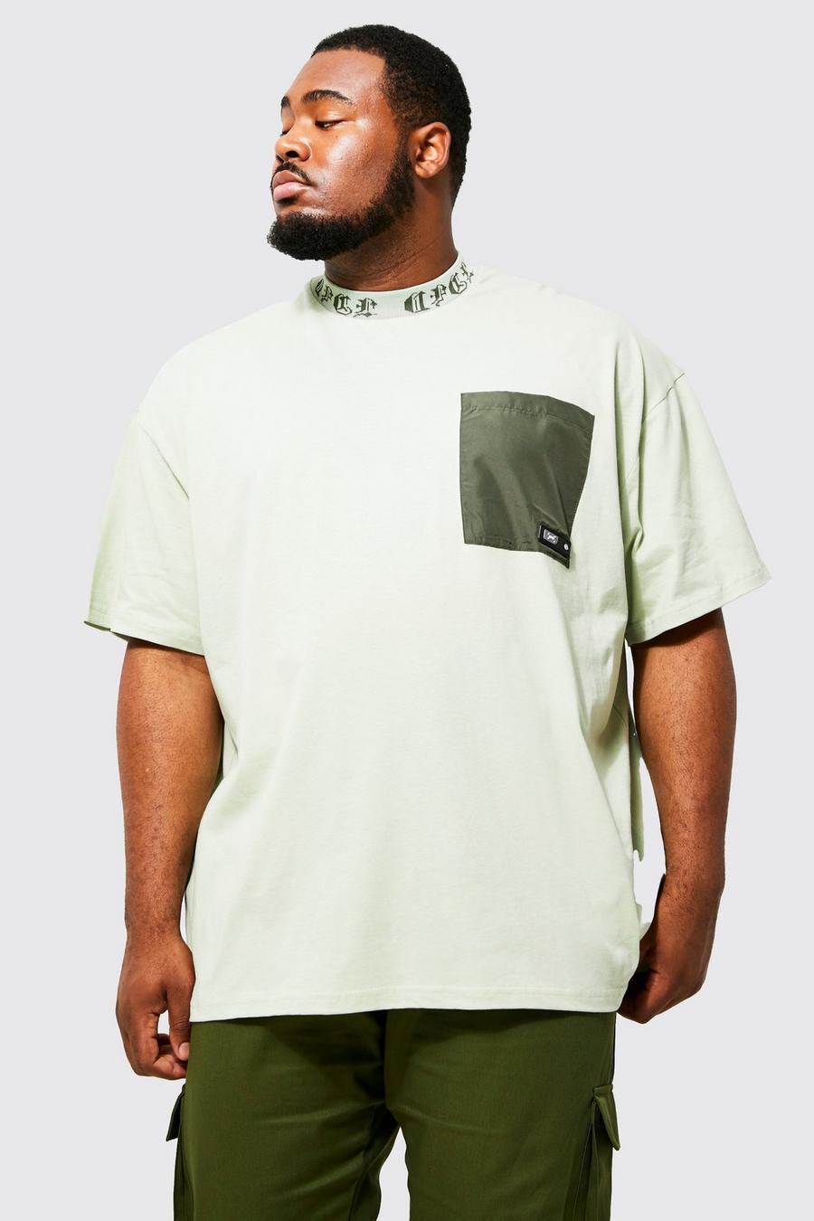 Sage green Plus Oversized Utility Pocket Man Rib T-shirt