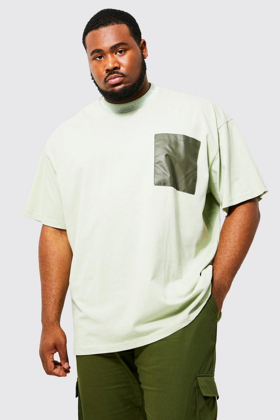 Sage green Plus Oversized Pocket Rib Neck T-shirt