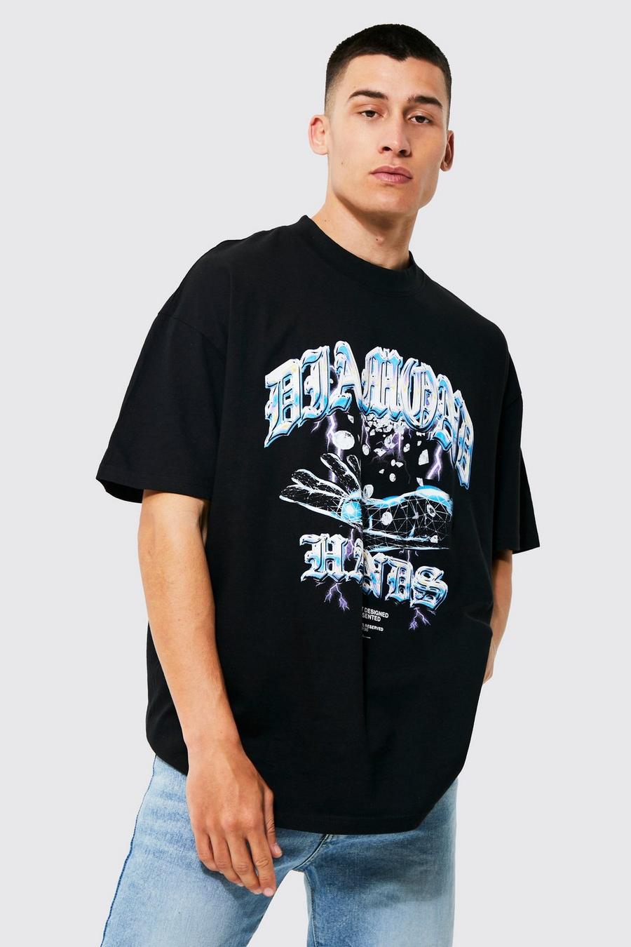 T-shirt oversize con grafica di diamanti e girocollo esteso, Black negro