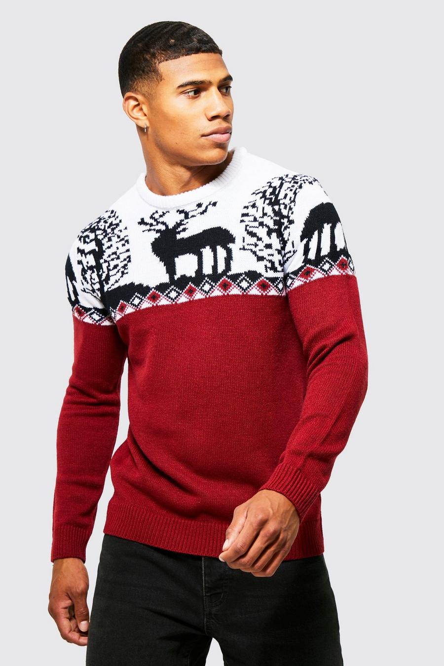 Burgundy Fairisle Knitted Christmas Sweater image number 1