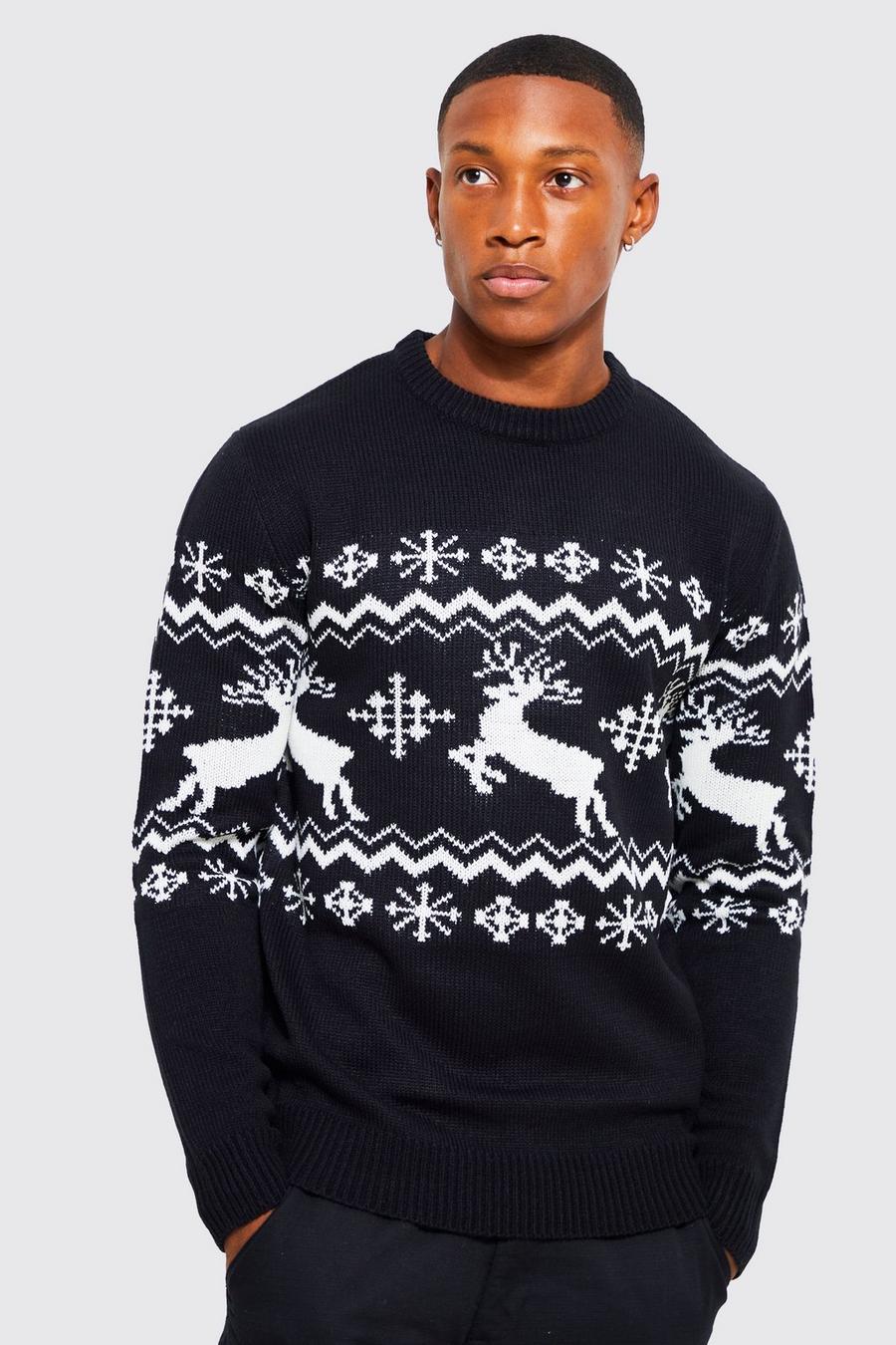 Maglione natalizio con renne e motivi Fairisle, Black negro