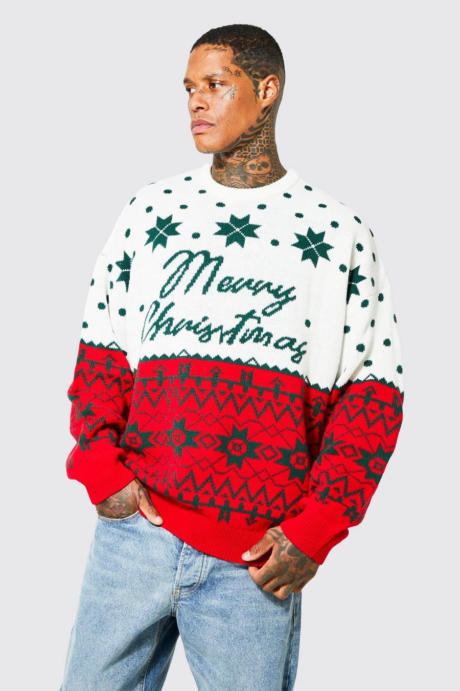 אדום סוודר אוברסייז עם דוגמה בסגנון פייר אייל וכיתוב Merry Christmas image number 1