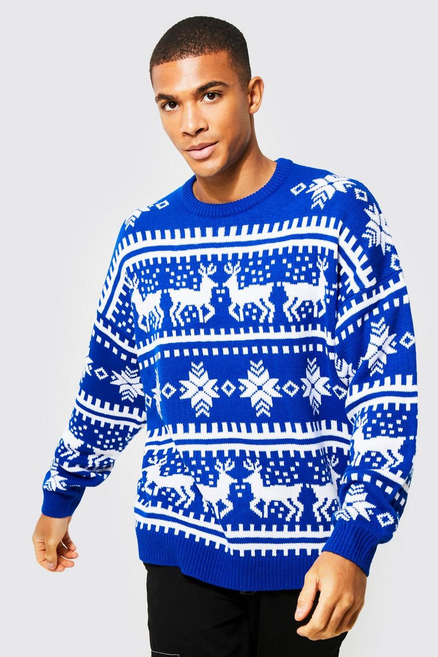 Maglione natalizio oversize con renne e motivi Fairisle, Cobalt azzurro
