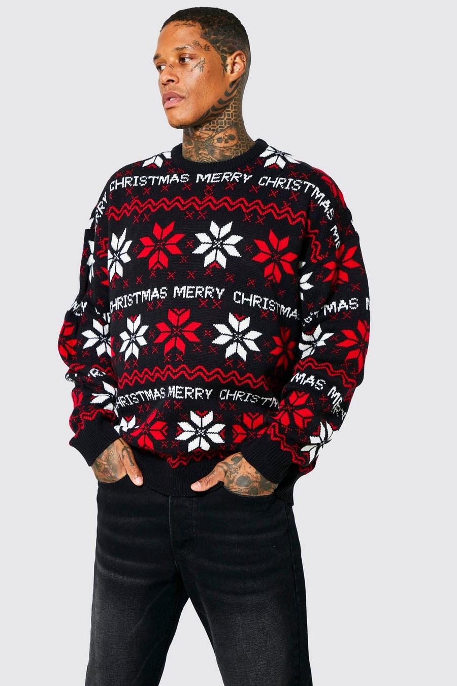 שחור סוודר אוברסייז עם דוגמה בסגנון פייר אייל וכיתוב Merry Christmas image number 1