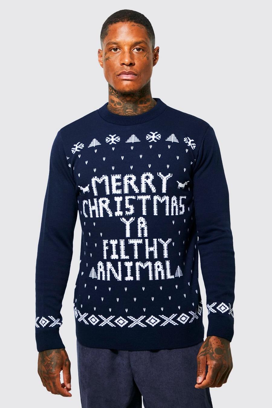 Navy marinblå Merry Christmas Ya Filthy Animal Stickad jultröja image number 1