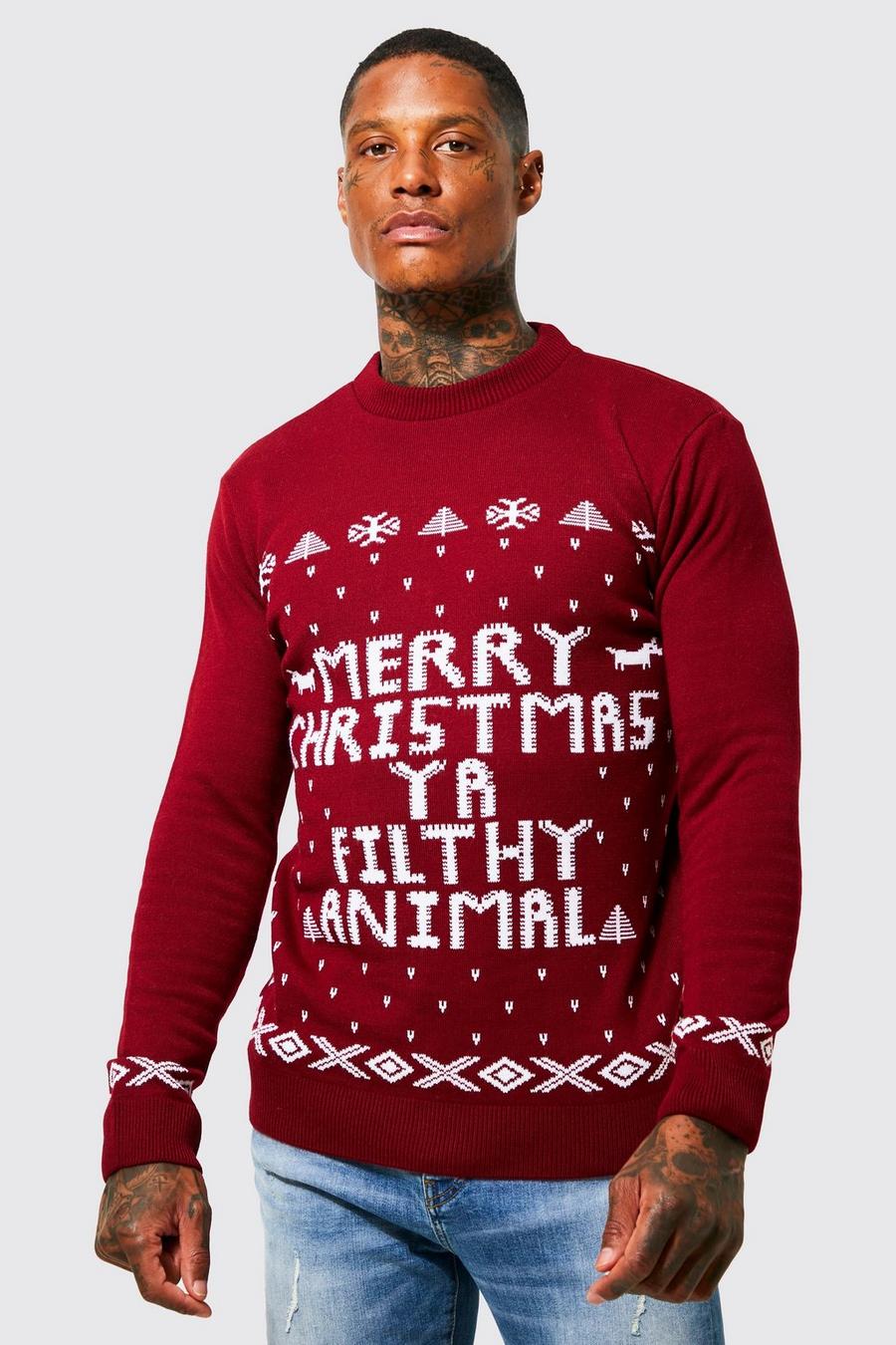 Maglione natalizio con slogan Merry Christmas Ya Filthy Animal, Wine image number 1