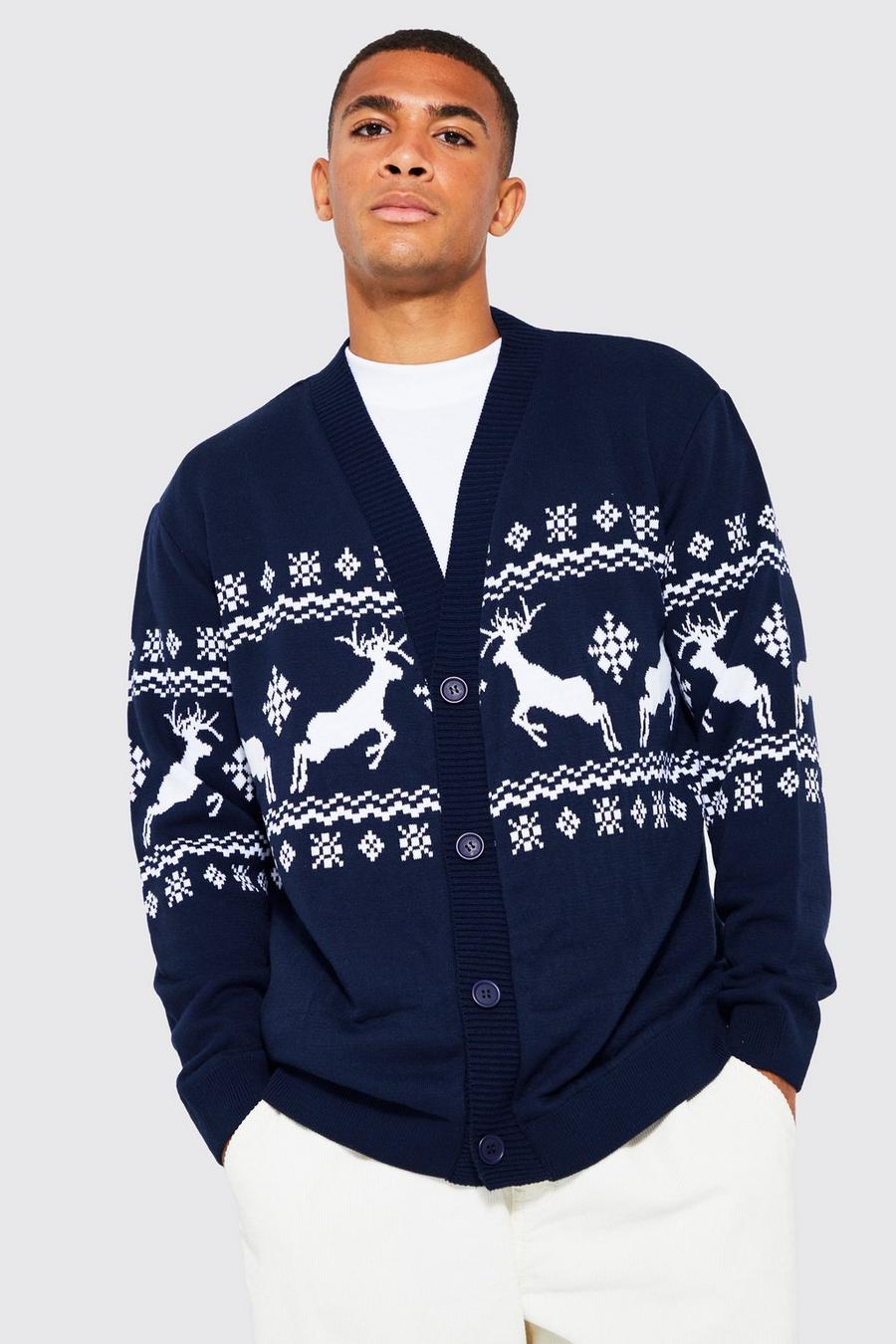 boohooMAN Mens Reindeer Fair Isle Christmas Sweater - Navy - Big & Tall