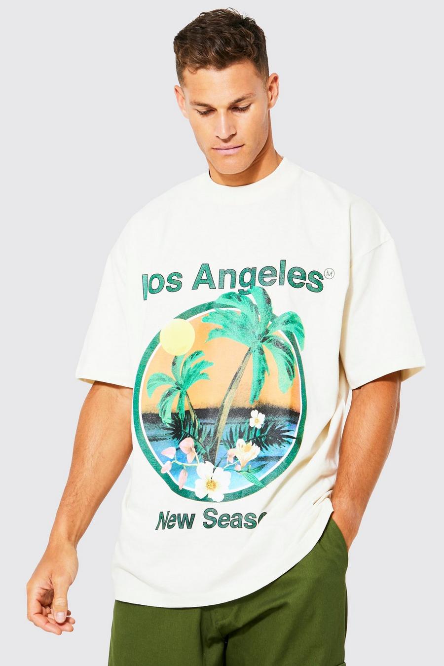 T-shirt Tall oversize con grafica LA e palme, Sand image number 1