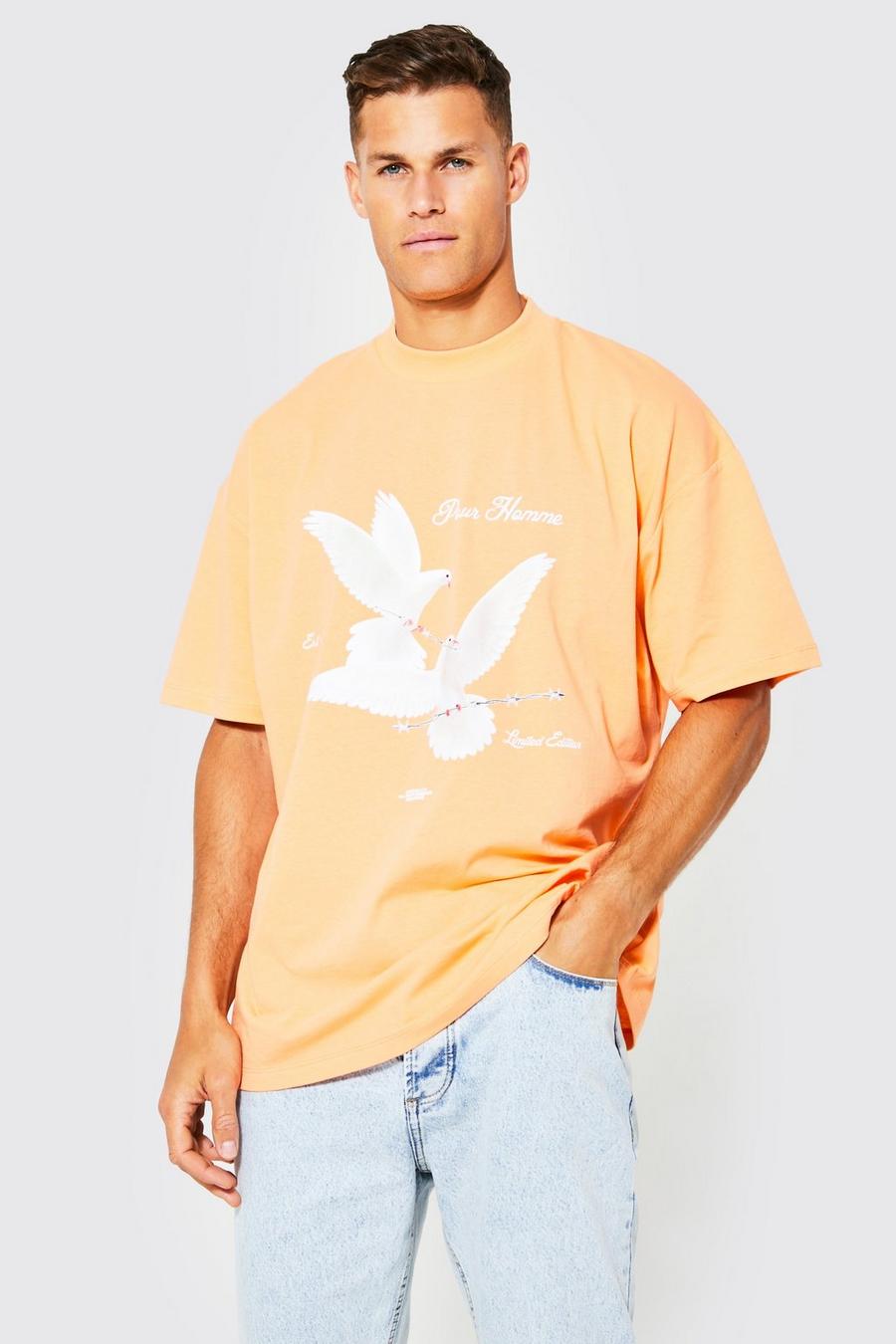 Camiseta Tall oversize con estampado gráfico de paloma, Orange naranja