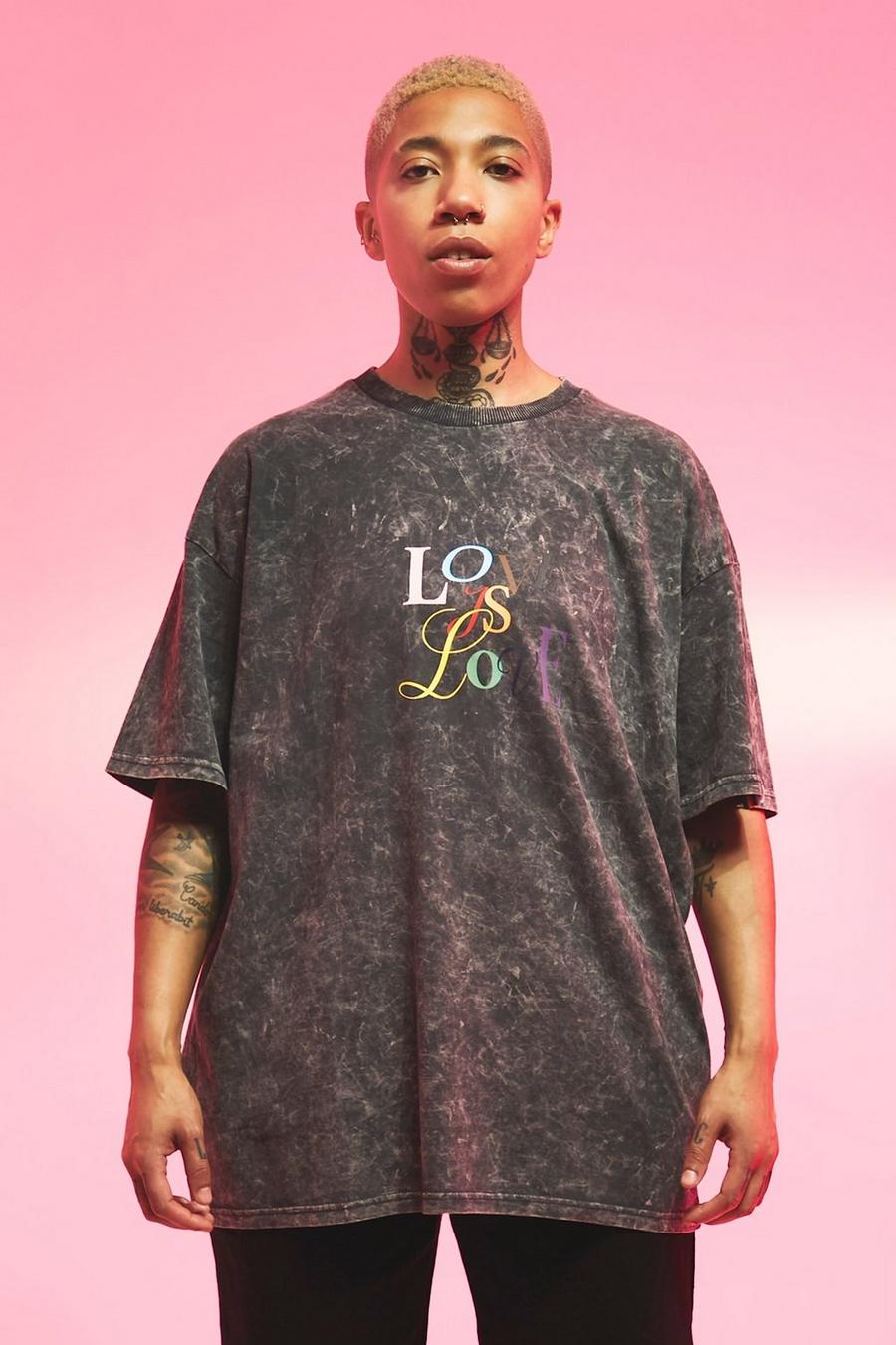 Pride Oversize T-Shirt mit Acid-Waschung und Love Is Print, Charcoal grey