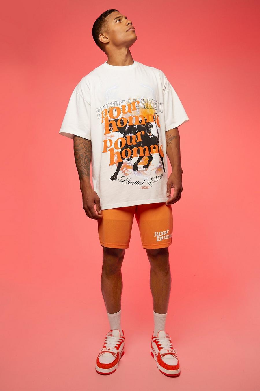 Orange Oversized Graphic T-shirt And Mesh Short Set image number 1