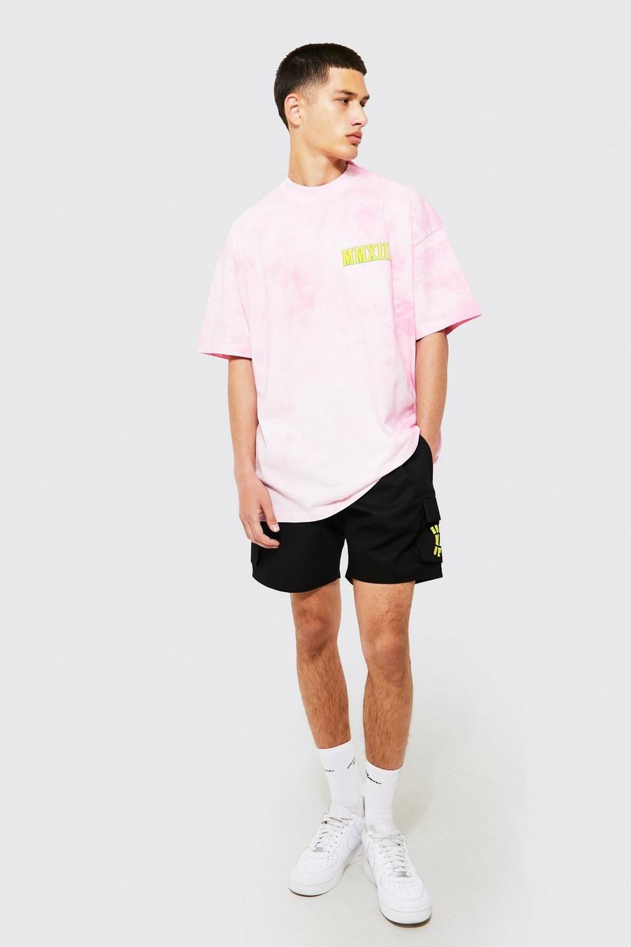 Set T-shirt oversize in fantasia tie dye & pantaloncini Cargo in twill, Pink rosa