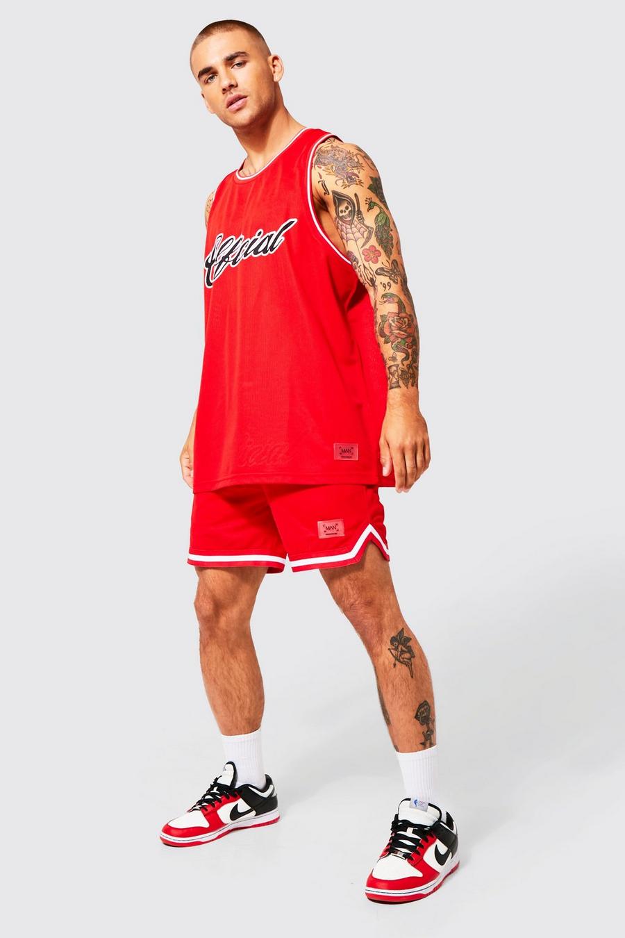 Red Oversized Mesh Basketball Vest & Short Set image number 1