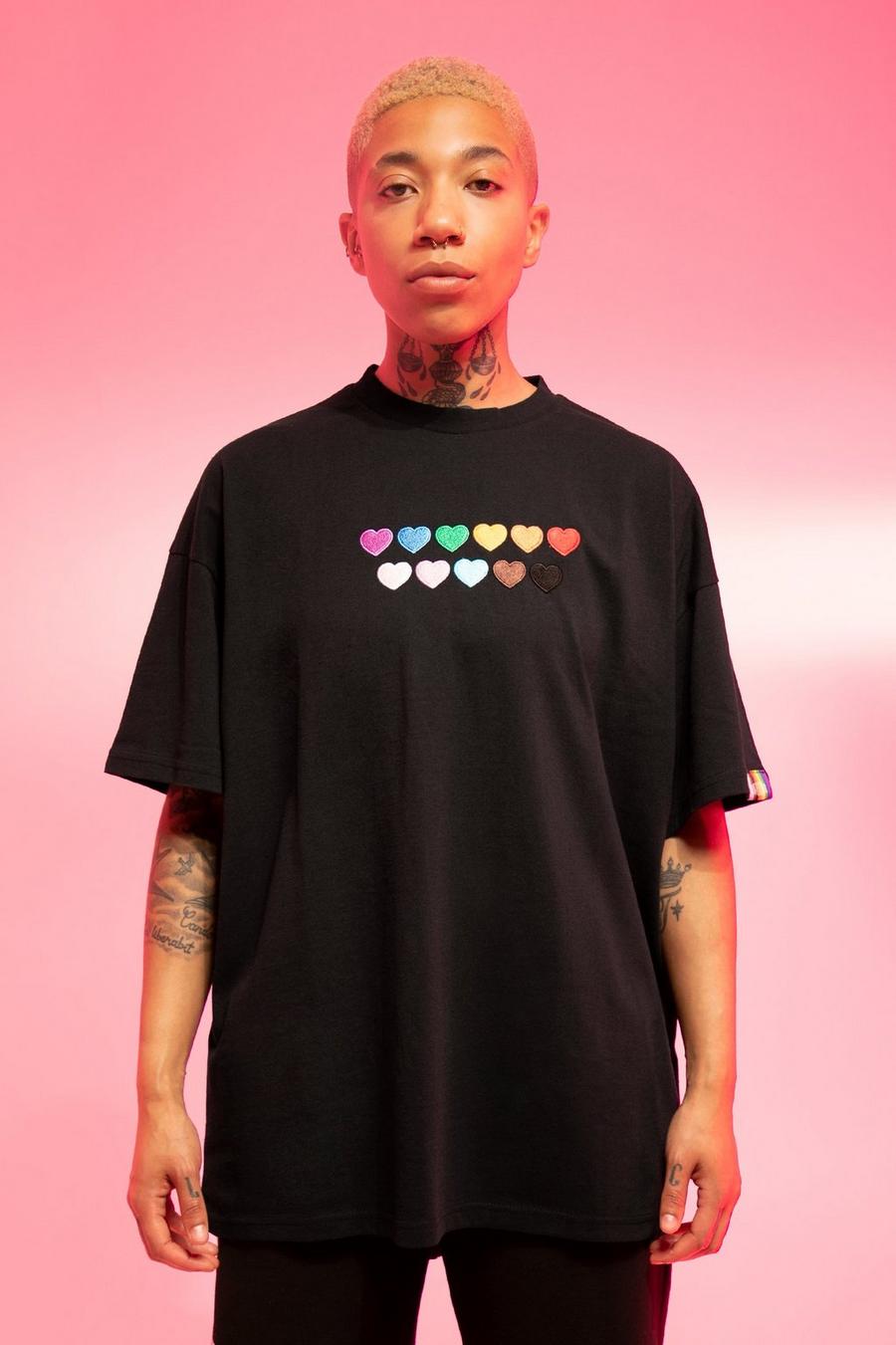 Pride T-Shirt mit Regenbogen Herz-Stickerei, Black