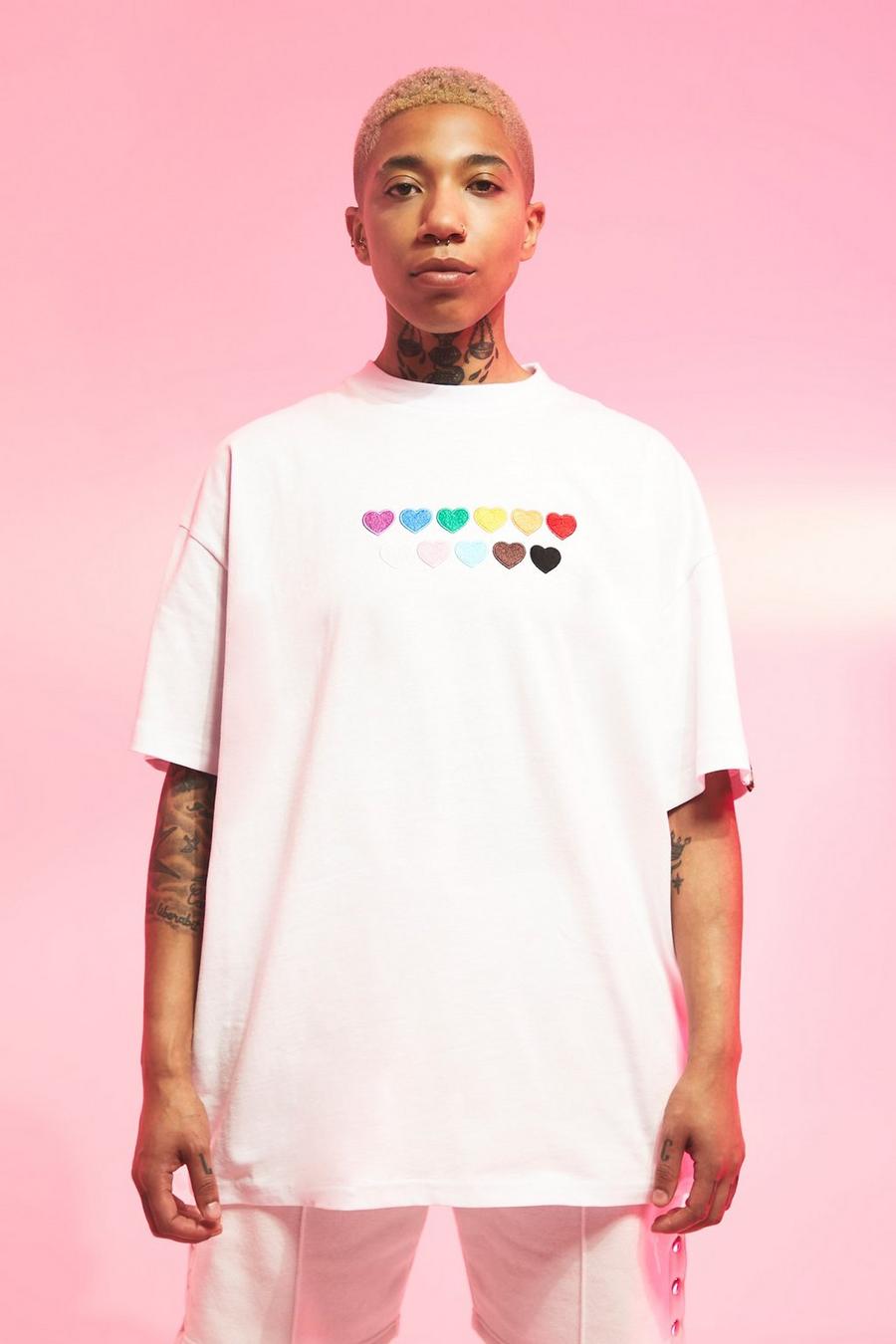 Pride T-Shirt mit Regenbogen Herz-Stickerei, White