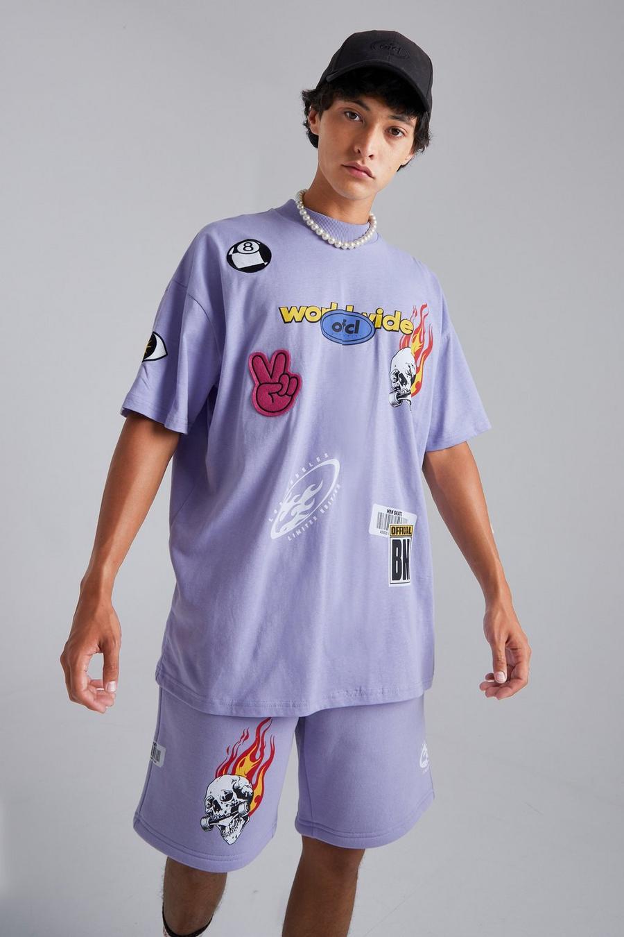 T-shirt oversize con applique e girocollo esteso, Lilac image number 1