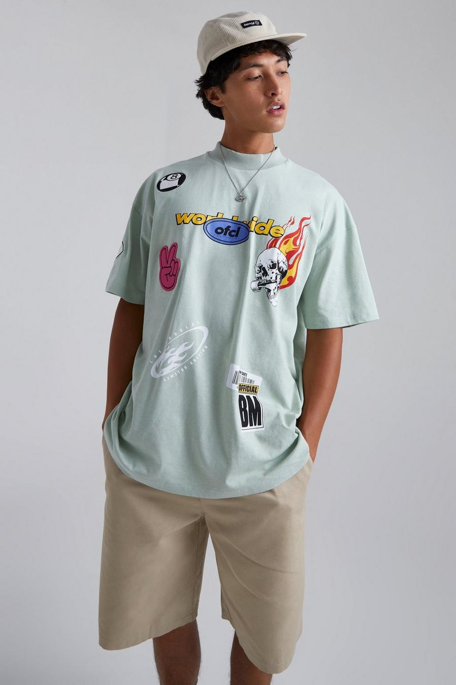 T-shirt oversize con applique e girocollo esteso, Sage image number 1