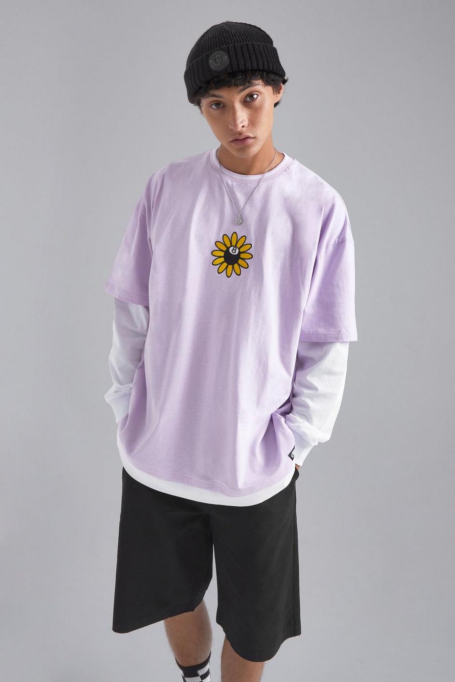 Camiseta oversize de manga larga con capa falsa y flores, Lilac morado image number 1