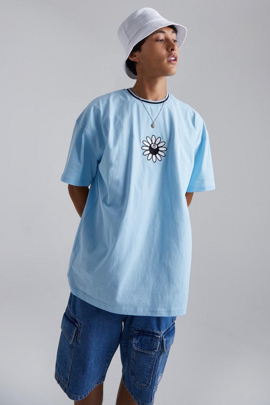 T-shirt oversize con coste sportive e fiore, Light blue image number 1