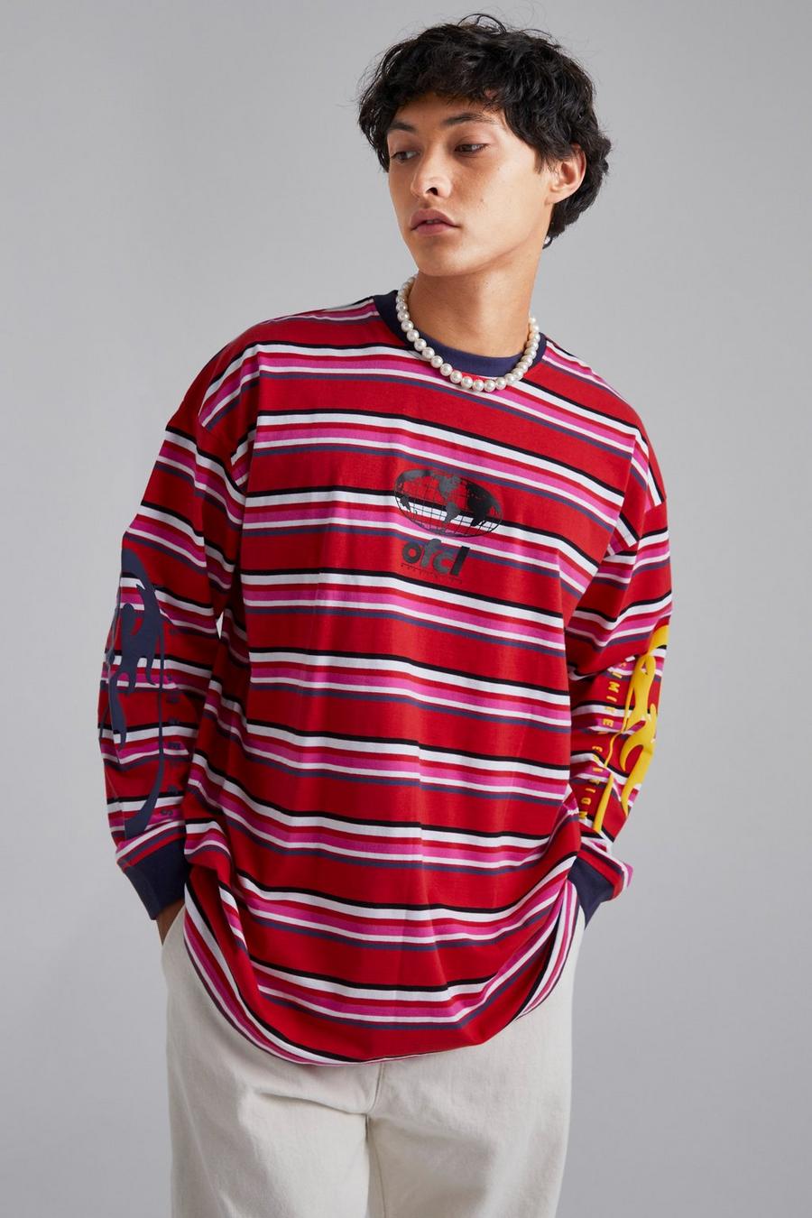 Red Oversized Ofcl Stripe Long Sleeve T-shirt image number 1