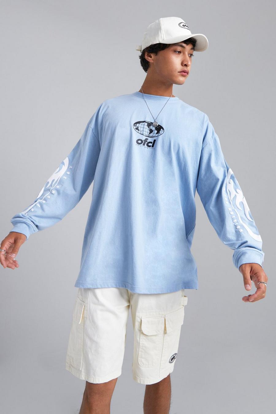 Camiseta oversize de manga larga con estampado gráfico Ofcl, Light blue azul