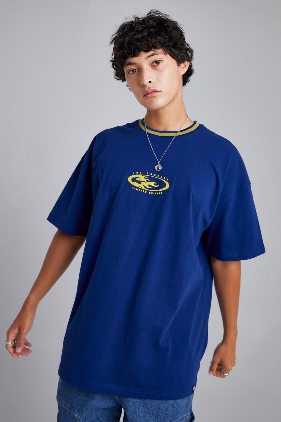 Geripptes Oversize T-Shirt mit Los Angeles Sports Print, Navy marine