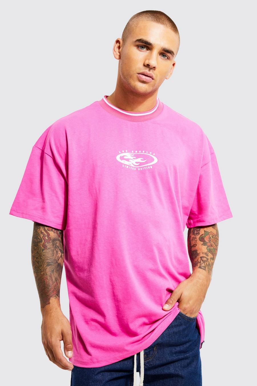 Camiseta oversize de canalé deportivo con estampado de Los Angeles, Pink image number 1