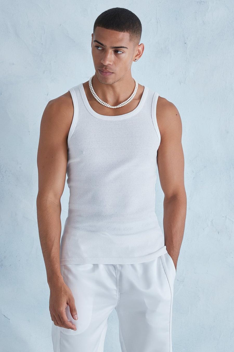 White Muscle Fit Ribbed Vest image number 1