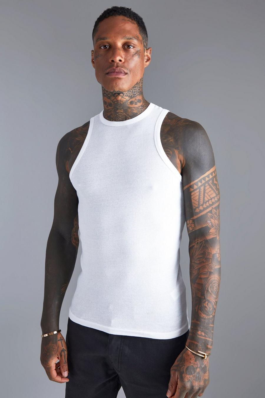 White Muscle Fit Ribbed Racer Vest image number 1
