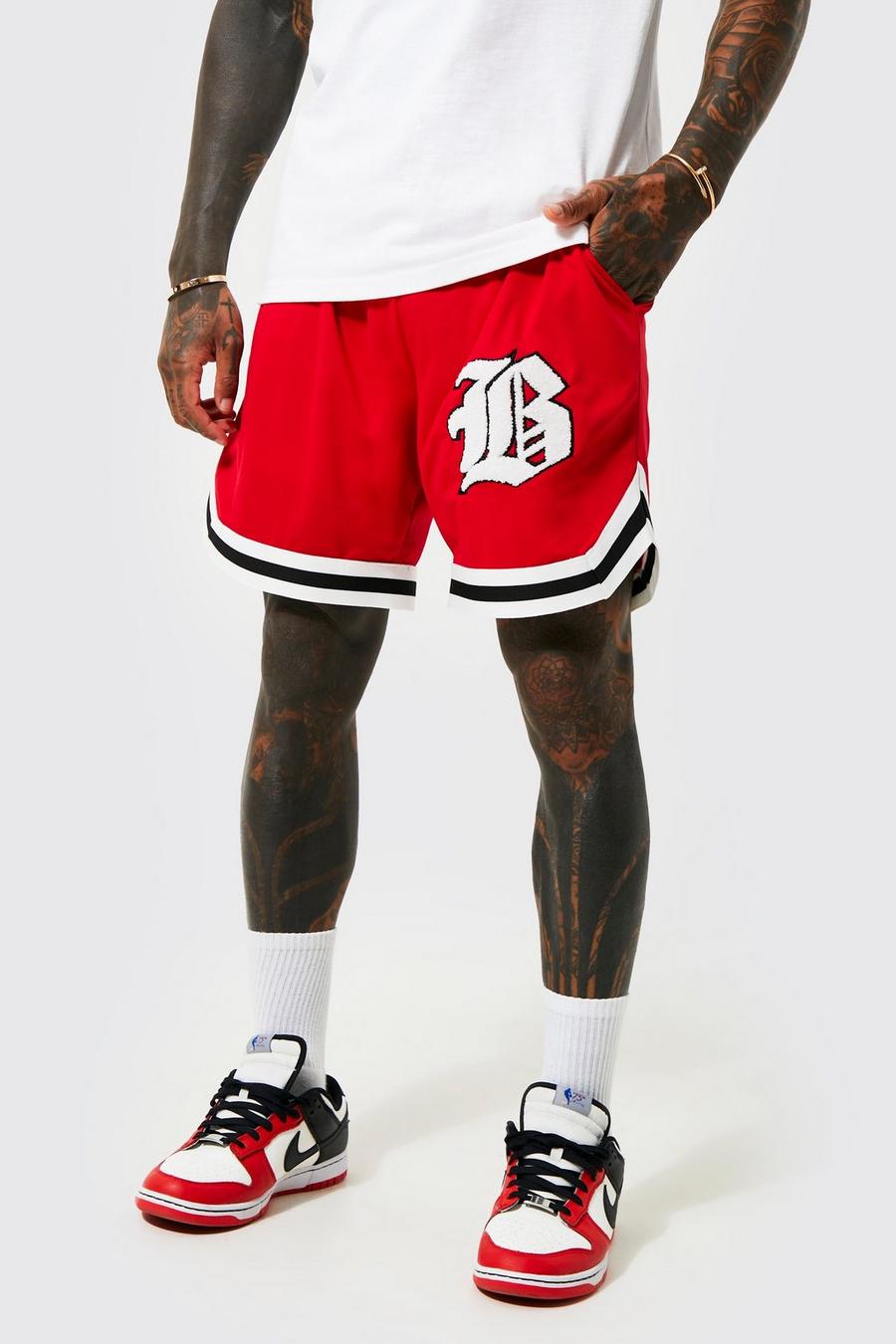 Red B Varsity Mesh Short Length Basketball Shorts image number 1