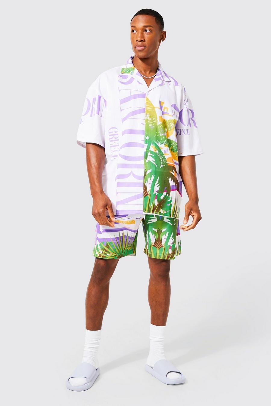 Lilac Oversized Palm Print Boxy Slub Overhemd En Shorts image number 1