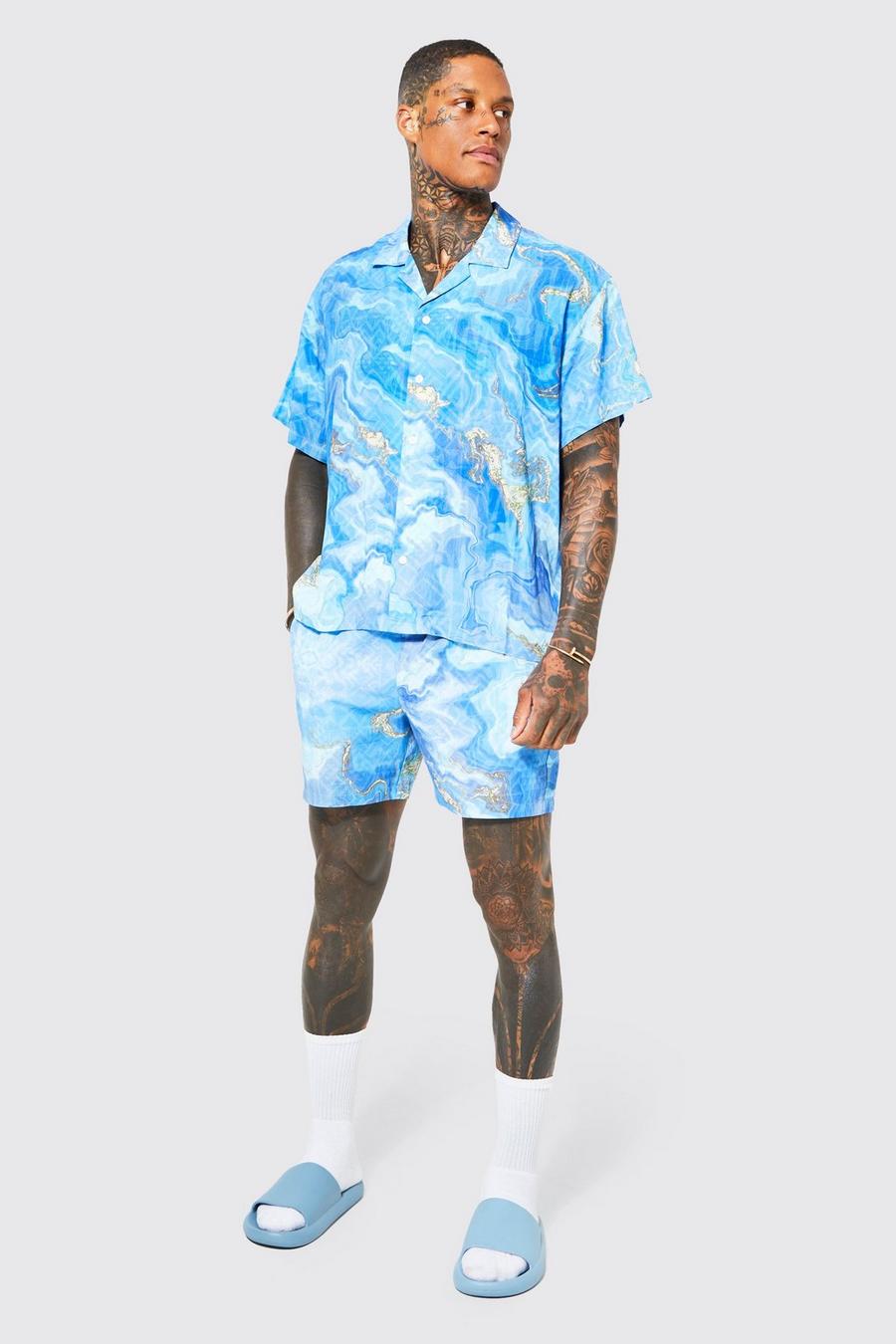 Kastiges Viskose Hemd und Shorts mit Marmor-Print, Blue