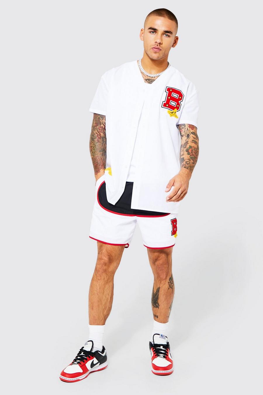 White Oversized Baseball Applique Shirt And Shorts image number 1