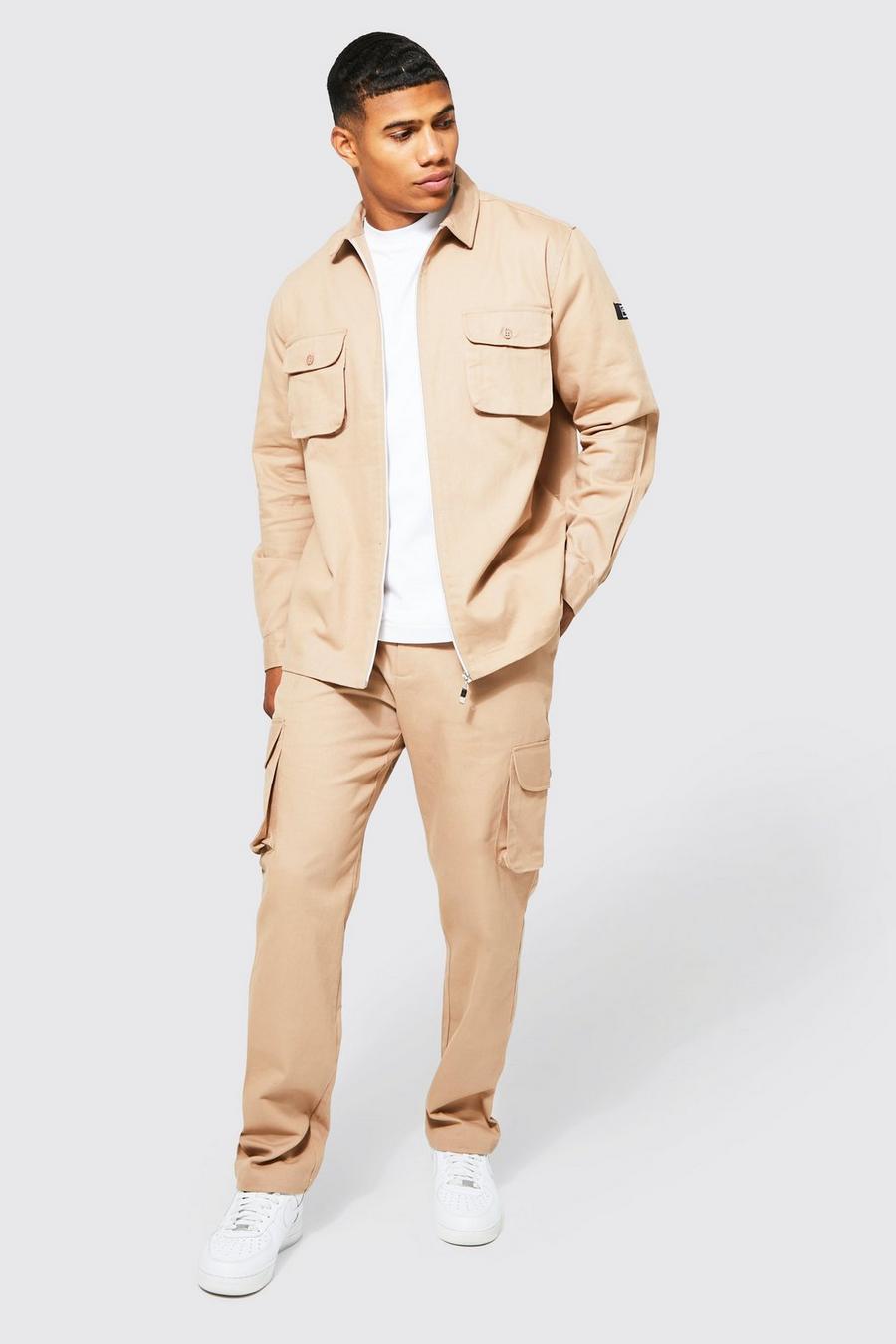 אפור חום beige סט מכנסיים וחולצה בסגנון שימושי עם רוכסן
