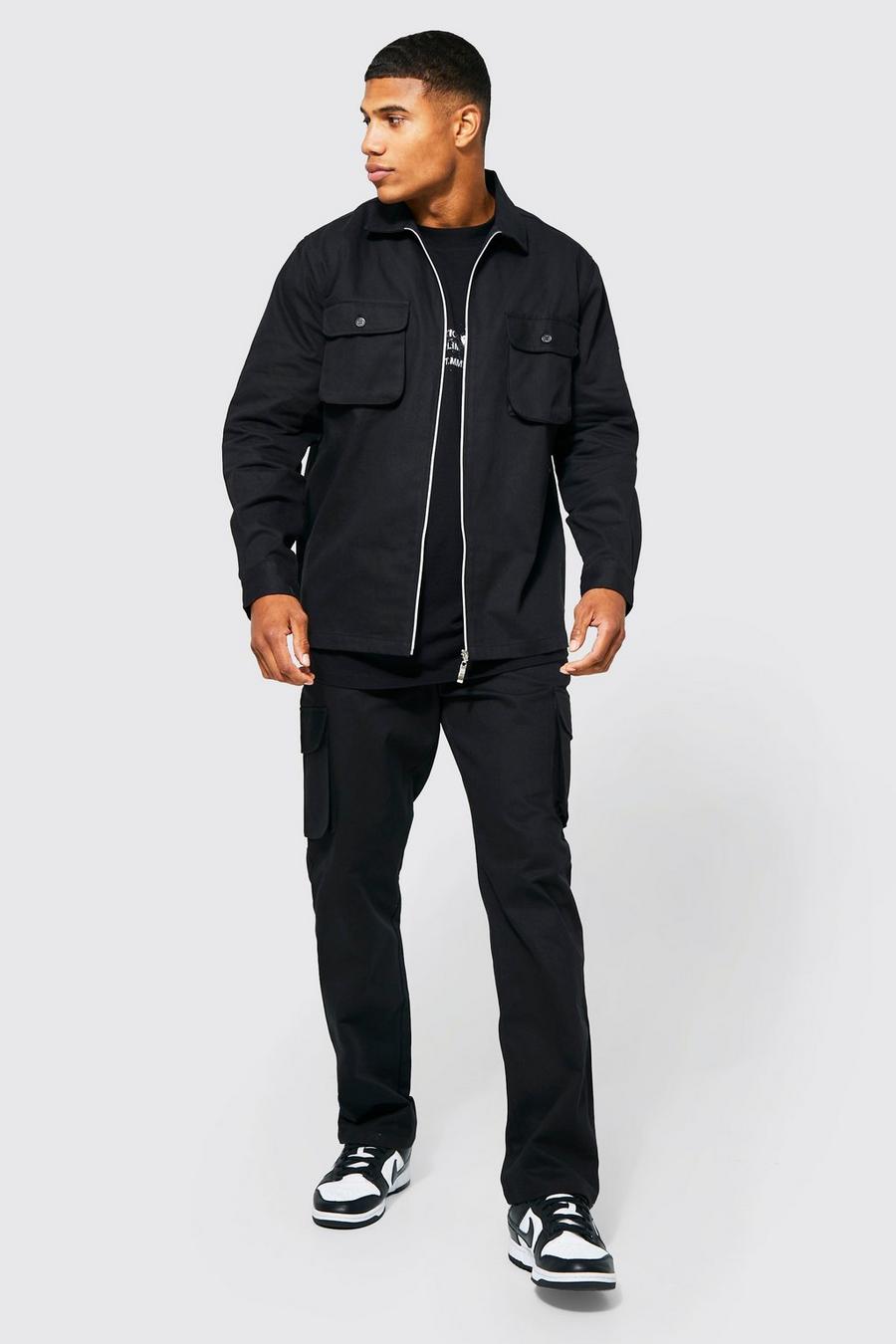 Black Cargo Zip Shirt And Trouser Set