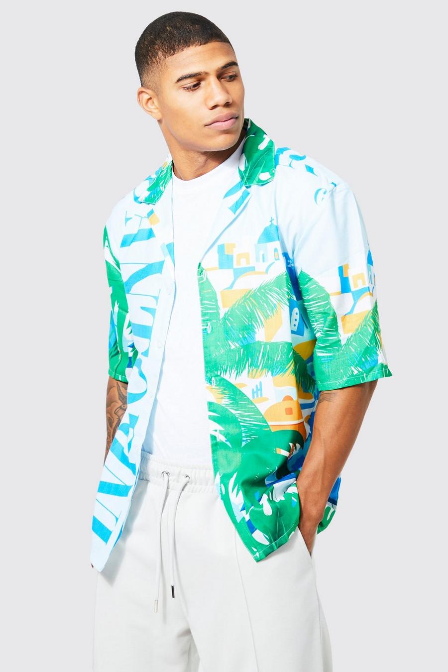 Camisa de manga corta con solapas y estampado de palmeras en relieve, Pastel blue image number 1